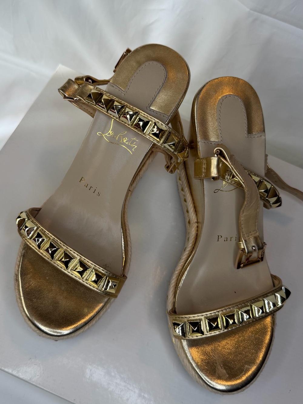 Christian Louboutin Gold Pyramid-Stud Ankle Strap Sandals - Picture 4 of 6